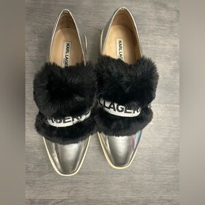 Karl Lagerfeld “Birdie” Metallic and Black Faux fur Platform Shoes